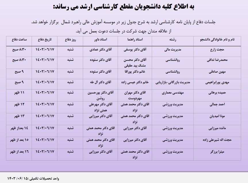 اطلاعیه برگزاری جلسات دفاع کارشناسی ارشد در تاریخ 17 شهریور1403