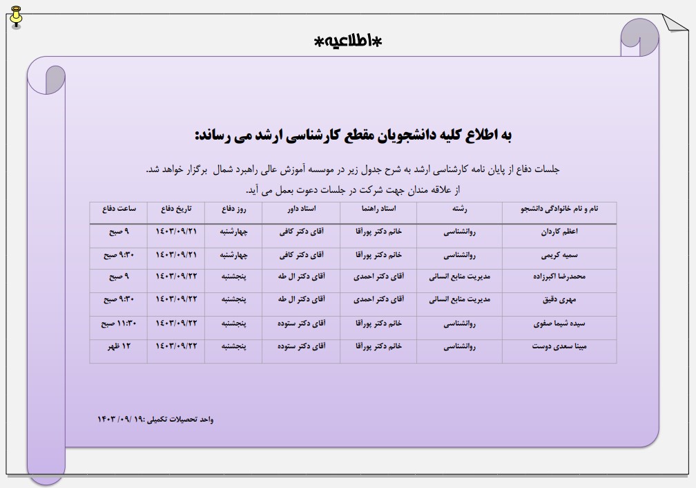 اطلاعیه برگزاری جلسات دفاع کارشناسی ارشد در تاریخ 21 و 22 آذر