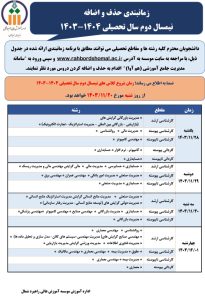 برنامه زمانبندی حذف و اضافه نیمسال دوم سال تحصیلی ۱۴۰۳ - ۱۴۰۴