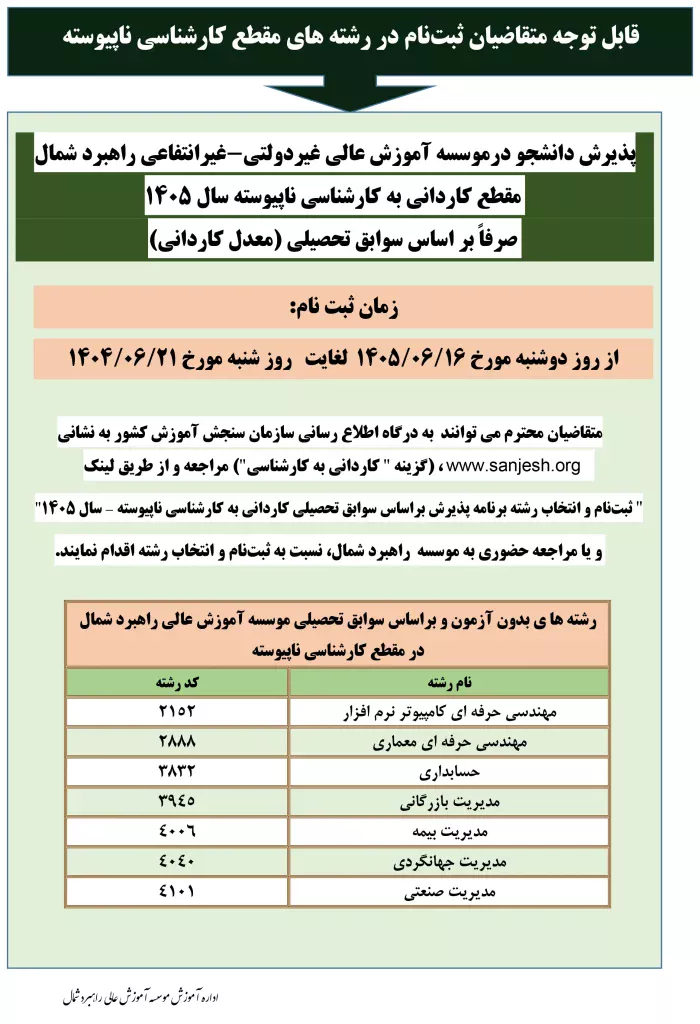 پذیرش دانشجو در مقطع کارداني به کارشناسي ناپيوسته سال 1405 صرفاً بر اساس سوابق تحصیلی (معدل کاردانی)